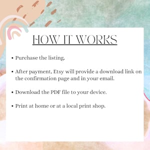 Puede incluir: Una gu&iacute;a de producto digital titulada "C&Oacute;MO FUNCIONA" sobre un fondo blanco con acentos de acuarela pastel. El texto explica los pasos: compra, enlace de descarga de Etsy, descarga de PDF e impresi&oacute;n.