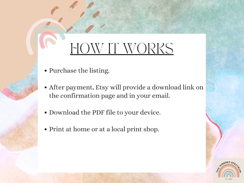 Puede incluir: Una gu&iacute;a de producto digital titulada "C&Oacute;MO FUNCIONA" sobre un fondo blanco con acentos de acuarela pastel. El texto explica los pasos: compra, enlace de descarga de Etsy, descarga de PDF e impresi&oacute;n.