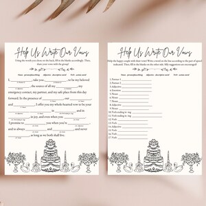 Puede incluir: Dos plantillas de votos matrimoniales de color marfil con el texto "Help Us Write Our Vows". Las plantillas presentan secciones para rellenar los votos, con ilustraciones de una tarta de boda y arreglos florales en la parte inferior.