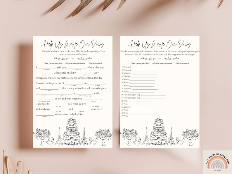 Puede incluir: Dos plantillas de votos matrimoniales de color marfil con el texto "Help Us Write Our Vows". Las plantillas presentan secciones para rellenar los votos, con ilustraciones de una tarta de boda y arreglos florales en la parte inferior.