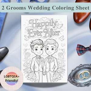 Gay Wedding Coloring Page: Two Grooms LGBTQ+ Celebration (PDF Download)