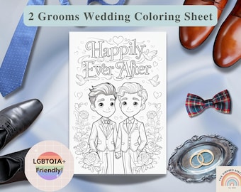 Puede incluir: Una hoja para colorear en blanco y negro con dos novios y el texto "Happily Ever After". La imagen está rodeada de accesorios de boda, incluyendo zapatos, una pajarita y anillos. El texto "2 Grooms Wedding Coloring Sheet" está en la parte superior.
