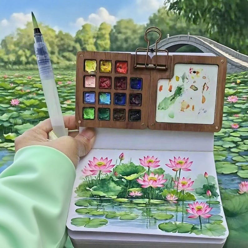 May include: A watercolor painting kit with a wooden palette containing various colors, a water brush, and a sketchbook featuring a lotus pond scene. The palette is held open with a clip, and the scene includes a bridge and water lilies.