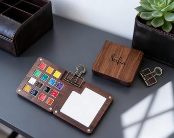 Personalized 15 Color Travel Watercolor Palette, Custom Engraved Walnut Wood Paint Box, Portable Miniature Sketching Kit Gift for Painter