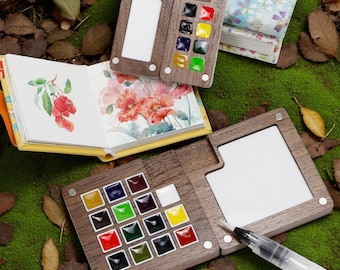 Mini Pocket Watercolor Palette, Black Walnut Travel Paint Box for Field Journaling, Compact Miniature Sketchbook Kit, Portable Art Studio