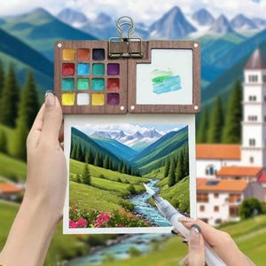 May include: A wooden watercolor palette with a clip, holding a watercolor painting of a mountain landscape. The palette contains various colors of paint. A hand holds a water brush, applying paint to the paper. The background features mountains and trees.