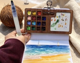 Mini 15-Color Travel Watercolor Set, Portable Pocket Paint Box for Field Journaling, Compact Walnut Palette with Painting Book Options