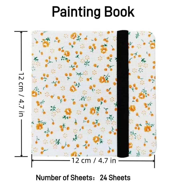 May include: A floral-patterned painting book, 4.7 inches square, with a black elastic band closure. The cover features a white background with small orange flowers and green leaves. The book contains 24 sheets.