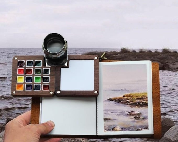 Mini Travel Watercolor Palette Walnut Wood Paint Box, Plein Air Painting Pocket Art Supplies,Compact Miniature Sketching Kit for Backpacking