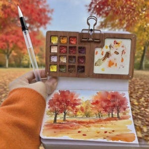 15 colors travel set portable paint box, Watercolor Palette walnut box, Artist Paint Set, Perfect Gift for Painters, Portable Art Supplies