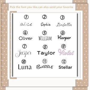 May include: A white background displays a selection of twelve different font styles, each showcasing a name. The text "Pick the font you like, can also send your favorite" is at the top. The fonts vary in style, from classic to modern.
