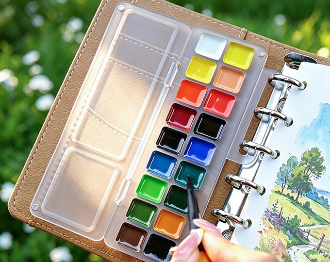 Mini Watercolor Journal Set, 18 Color Pocket Palette Travel Paint Kit, A7 PU Leather Binder,  Sketching Set, Gift for Artists & Art Lovers