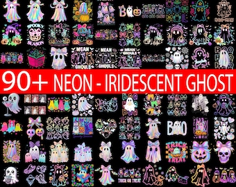 Irisierender Geist Kürbis Bundle PNG Kokette Halloween Süß Girly Gruselige Saison Neon, Neon Halloween Geist Png, Süßer Boo Geist Png