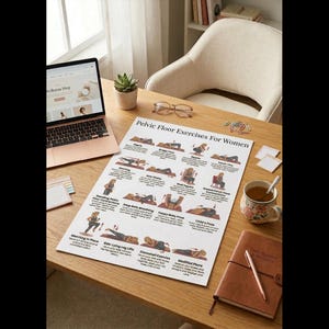 May include: A wooden desk with a laptop, a potted plant, and a poster titled "Pelvic Floor Exercises For Women." The poster displays various exercise illustrations. A teacup, notebook, and pen are also on the desk.