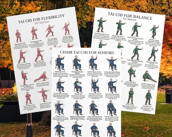 Senior Tai Chi Exercise Bundle, Balance & Flexibility Tai Chi for Seniors, Chair Tai Chi Printable Charts, 3 Tai Chi Posters