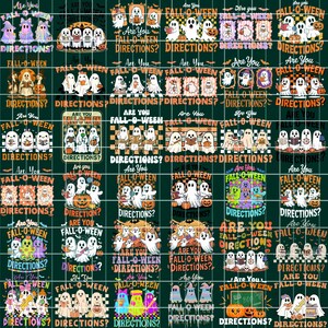 May include: A digital collection of thirty-five graphic designs featuring white ghosts, pumpkins, and books with the text Are You FALL-O-WEEN DIRECTIONS? The illustrations use orange, black, and purple color palettes with checkered patterns.
