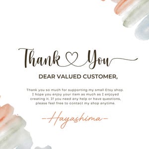 May include: A white card with the words "Thank You" in elegant script, with a heart replacing the "o" in "You." The text "DEAR VALUED CUSTOMER," is below. Additional text expresses gratitude for supporting the shop and contact information.