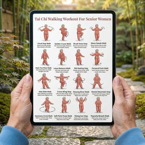May include: A tablet displays a "Tai Chi Walking Workout For Senior Women" guide. The guide features illustrations of various Tai Chi steps, including Cloud Step Walk, Golden Crane Walk, and Brush Knee Step, with accompanying instructions.
