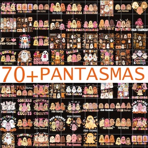 May include: A digital collection of over 70 graphic designs featuring cartoon ghosts, known as pantasmas, conchas, and cucuys. The illustrations include various pastel-colored ghosts, pumpkins, and baked goods, with the text 70+ PANTASMAS displayed.
