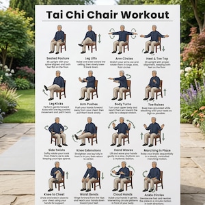 Printable Tai Chi Chair Workouts | Tai Chi Chair Exercise Chart & Workout Plan PDF | Chair Yoga Style Exercises | Digital Download