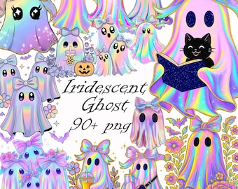 Iridescent Ghost Png Bundle, Iridescent Ghost Png, Girly Halloween Png, Cute Ghost Png, Coquette Halloween Png, Disco Iridescent