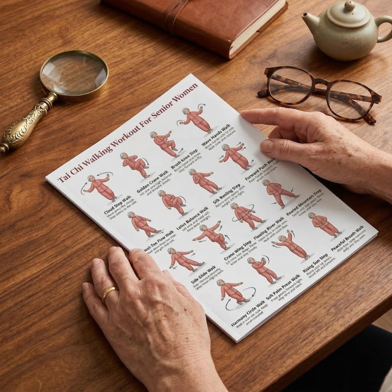 May include: A printed guide titled "Tai Chi Walking Workout For Senior Women" with illustrations of Tai Chi walking exercises. The guide is held by a person. Other items on the wooden surface include a magnifying glass, glasses, and a teapot.