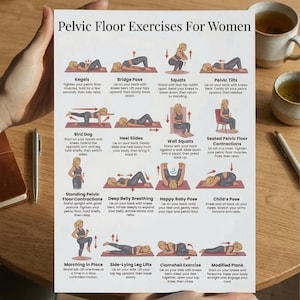 May include: A white poster titled "Pelvic Floor Exercises For Women" with illustrated exercise instructions. Exercises include Kegels, Bridge Pose, Squats, Pelvic Tilts, Bird Dog, Heel Slides, Wall Squats, and more. The poster is held by a person.