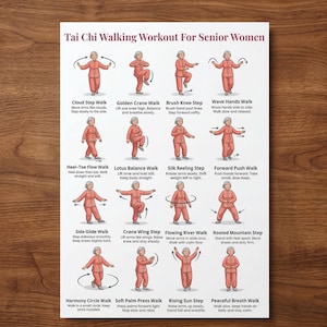 Può includere: Un poster intitolato "Tai Chi Walking Workout For Senior Women" con illustrazioni di vari esercizi di camminata Tai Chi. Ogni esercizio è raffigurato con una figura in abito rosso, che dimostra i movimenti con descrizioni testuali.