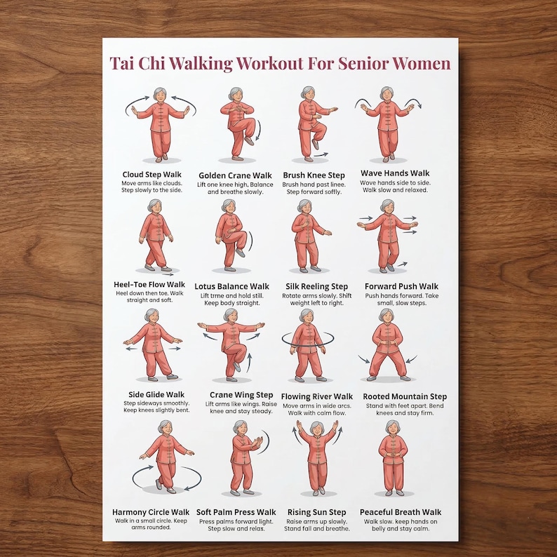 May include: A poster titled "Tai Chi Walking Workout For Senior Women" with illustrations of various Tai Chi walking exercises. Each exercise is depicted with a figure in a red outfit, demonstrating the movements with accompanying text descriptions.