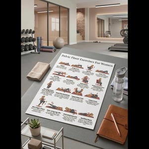 May include: A fitness poster titled "Pelvic Floor Exercises For Women" displays various exercise illustrations. A water bottle, a brown notebook with a pen, and a small potted plant are also visible. The setting appears to be a gym.