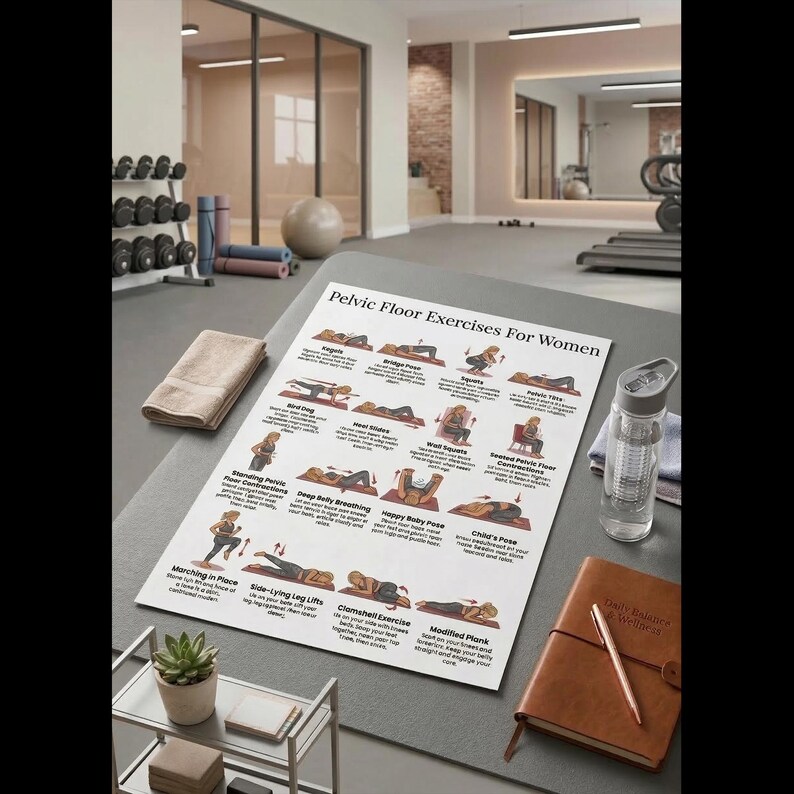 May include: A fitness poster titled "Pelvic Floor Exercises For Women" displays various exercise illustrations. A water bottle, a brown notebook with a pen, and a small potted plant are also visible. The setting appears to be a gym.