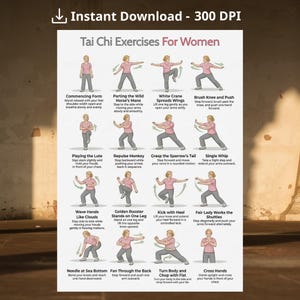 Pode incluir: Um cartaz intitulado "Exercícios de Tai Chi para Mulheres" apresenta instruções ilustradas para vários movimentos de Tai Chi. Cada movimento é mostrado com uma figura de palito demonstrando a pose, acompanhada de texto descritivo. O cartaz foi concebido para download instantâneo a 300 DPI.