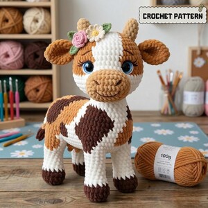 May include: A handmade crochet cow with brown, white, and tan patches, adorned with a floral crown. The cow has blue eyes and a smiling face. A skein of 100g yarn is next to the cow. The text "CROCHET PATTERN" is in the upper right corner.