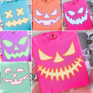 Preppy Seersucker Pumpkin Face Neon PNG, Girly Halloween Jack O Lantern Sublimation, Bright Fall Shirt Design with Lashes, Digital Download