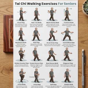 Könnte beinhalten: Ein weißes Poster mit Illustrationen von Tai-Chi-Gehübungen für Senioren. Jede Übung wird mit einer Strichfigur und beschreibendem Text dargestellt. Zu den Übungen gehören Cloud Step, Heel-Toe Walk und Wave Hands Walk.