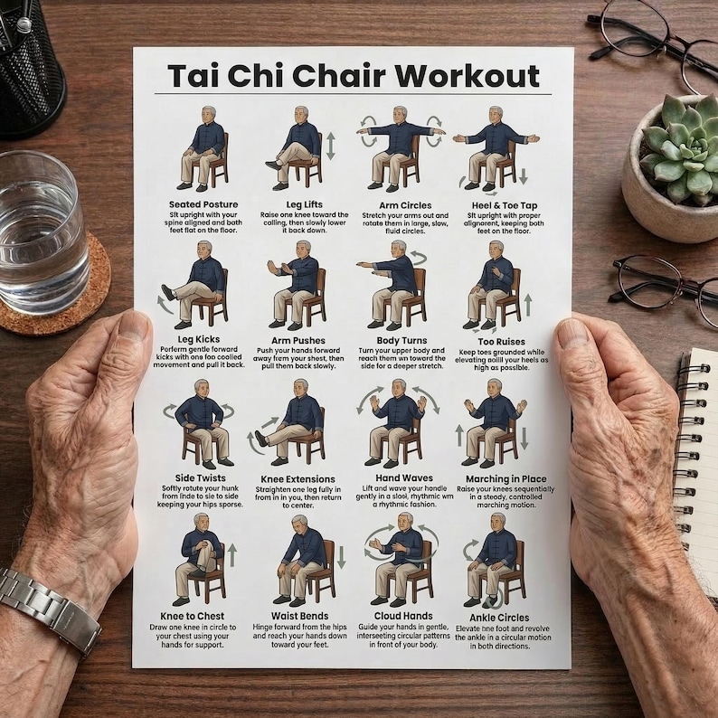 Printable Tai Chi Chair Workouts | Tai Chi Chair Exercise Chart & Workout Plan PDF | Chair Yoga Style Exercises | Digital Download image 3