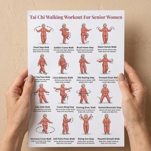 May include: A poster titled "Tai Chi Walking Workout For Senior Women" with illustrated steps. Each step is demonstrated by a figure in a red outfit. The poster is held by two hands.