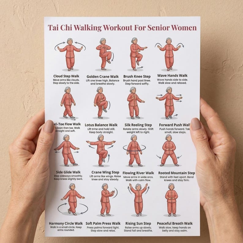 May include: A poster titled "Tai Chi Walking Workout For Senior Women" with illustrated steps. Each step is demonstrated by a figure in a red outfit. The poster is held by two hands.