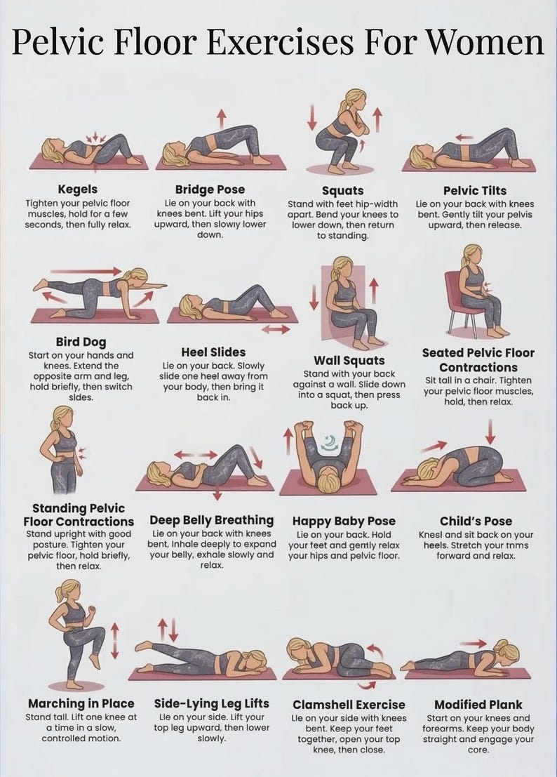 May include: Illustrated guide of pelvic floor exercises for women. The image shows various exercises, including Kegels, Bridge Pose, Squats, and Pelvic Tilts. Each exercise is demonstrated with a stick figure and includes instructions.