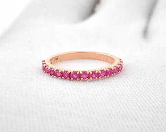 Solid 14K Gold Ruby Ring, Ruby Wedding Band For Women With 2.50mm Stones in Half Eternity, Available in All Gold color, Ruby Eternity Band