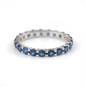 14k Prong Sapphire Band, 14k Solid Gold Full Eternity Sapphire Stacking Ring, Minimalist Blue Sapphire Ring Women, September Birthstone Ring