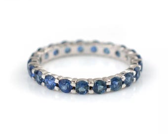 14k Prong Sapphire Band, 14k Solid Gold Full Eternity Sapphire Stacking Ring, Minimalist Blue Sapphire Ring Women, September Birthstone Ring