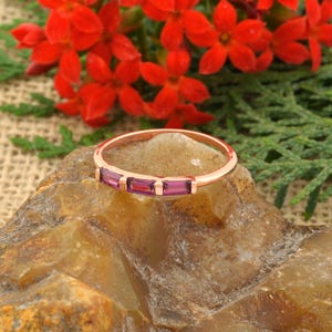 Purple Rhodolite Garnet Ring, 14k Solid Rose Gold 4X2mm Baguette Cut Garnet Ring, Stacking Garnet Ring, Half Channel Set Three Stone Ring