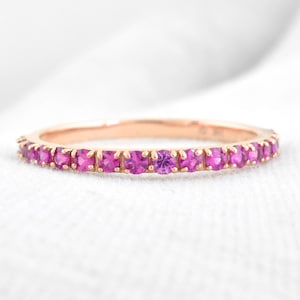 Natural Pink Sapphire Half Eternity Band, 14k Solid Gold Sapphire Prong Set Ring, Pink Sapphire Ring, Stacking Band For Women Jewelry Gift