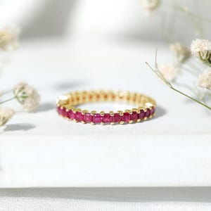 14k Solid Gold 2MM Princess Cut Ruby Full Eternity Band, Handmade Shared-Prong-Setting Ruby Stacking Ring, Ruby Minimalist Ring For Womens