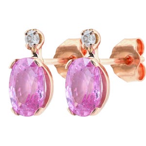 Pendientes de zafiro rosa 100 % natural con detalles de diamante redondo de 2 mm en oro macizo de 14 k. Pendientes de garra hechos a mano. Regalo perfecto para mujer.