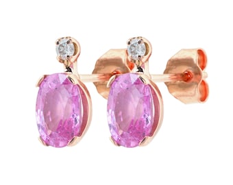 100% Natural Pink Sapphire Studs With 2mm Round Cut Diamond Accent Studs In 14k Solid Gold Handmade Prong Earrings, Gift For Women Jewelry