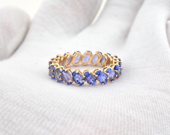 Anillo de eternidad de tanzanita de corte ovalado de 5 x 3 mm, anillo de tanzanita en oro amarillo de 14 k, anillo de tanzanita azul, joyería de tanzanita de alta calidad.