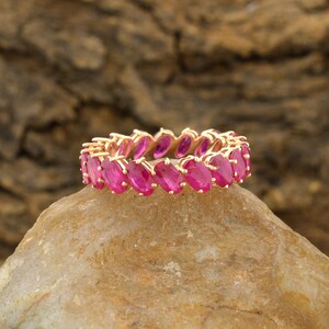 5X3mm Oval Cut Red Ruby Full Eternity Band Ring In 14k Yellow Gold Handmade Prong Set Ruby Ring, Stackable Ruby Band Ring For Women Jewelry