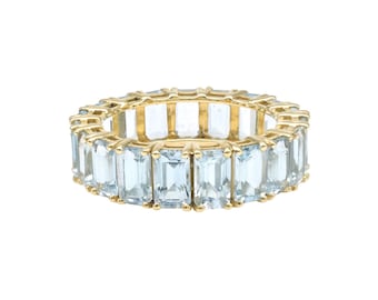 Emerald Cut Aquamarine Wedding Band For Women, 14k Solid Gold Full Eternity Band, Aquamarine Band 5X3mm Yellow gold Matching Unique Bands